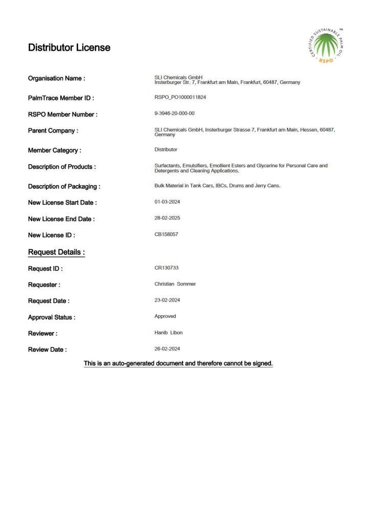 Image shows the distributor License of SLI Chemicals GmbH in Germany