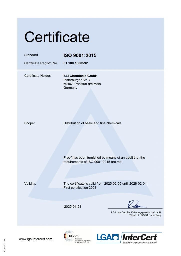 Image shows Certificate of SLI Chemicals for the distribution of chemical goods.