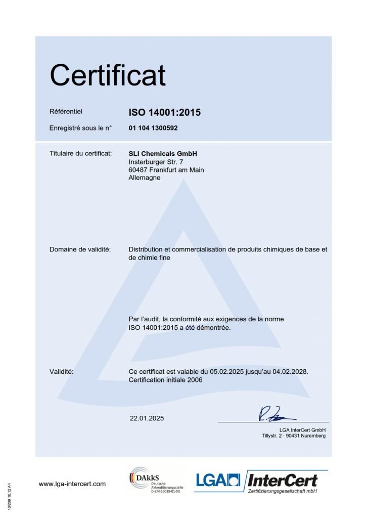 Image shows Certificate of SLI Chemicals for the distribution of chemical goods.