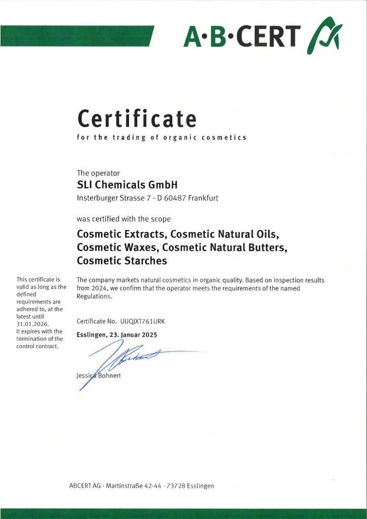 A.B. Cert certificate for SLI Chemicals GmbH confirming compliance for trading in organic cosmetics, valid until January 31, 2026
